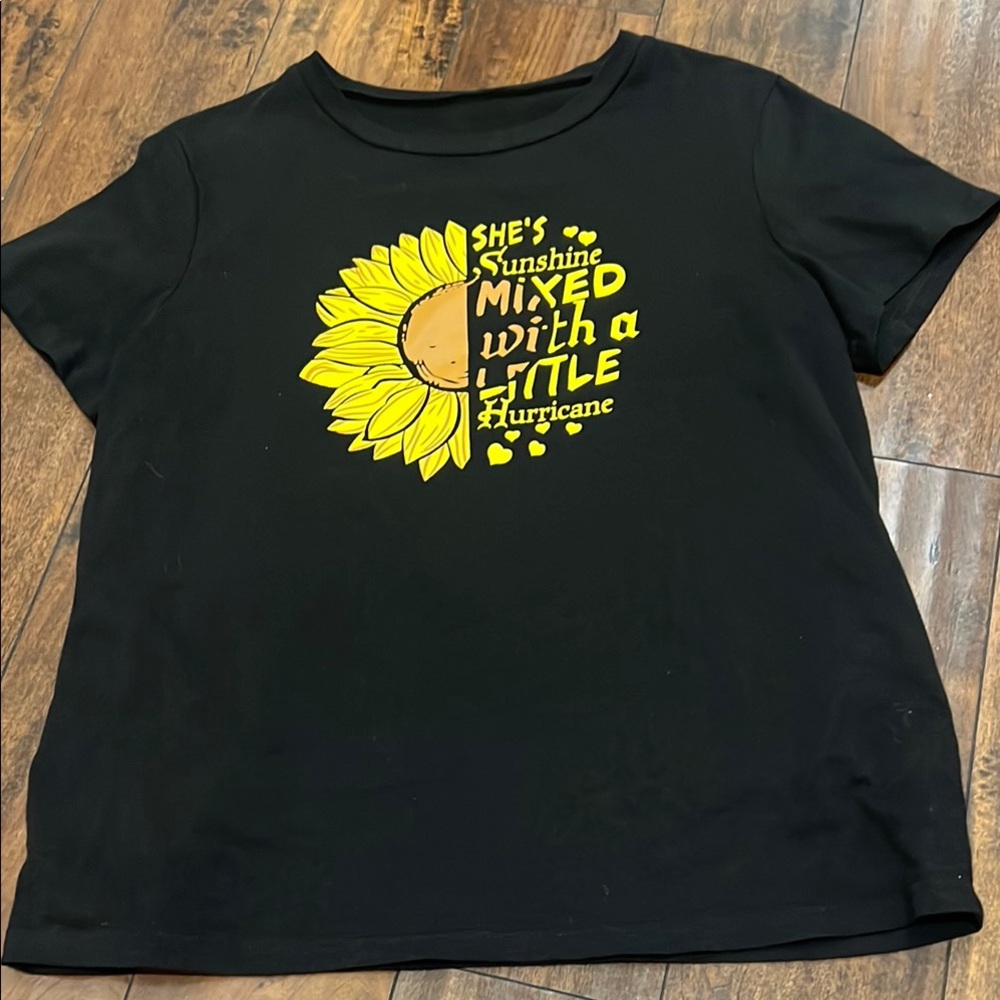 Black Graphic Tee with Yellow Sunflower Design